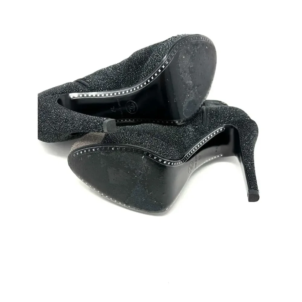 CHANEL Black Grey Glitter Leather Heel Booties Size 37 CC Logo